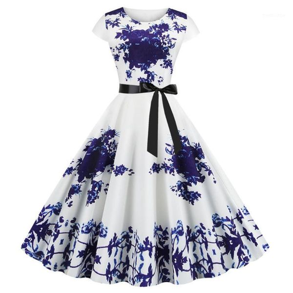 

women vintage print short sleeve dresses lady summer casual evening party bowknot dress female swing floral clothing ropa mujer1, Black;gray