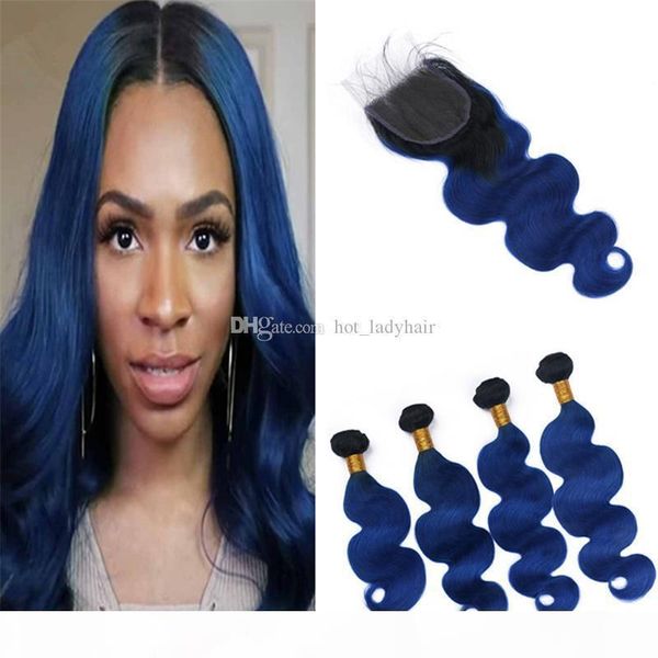 

two tone 1b blue ombre human hair lace closure and 4 bundles deals body wave wavy dark roots blue ombre hair with closure, Black;brown