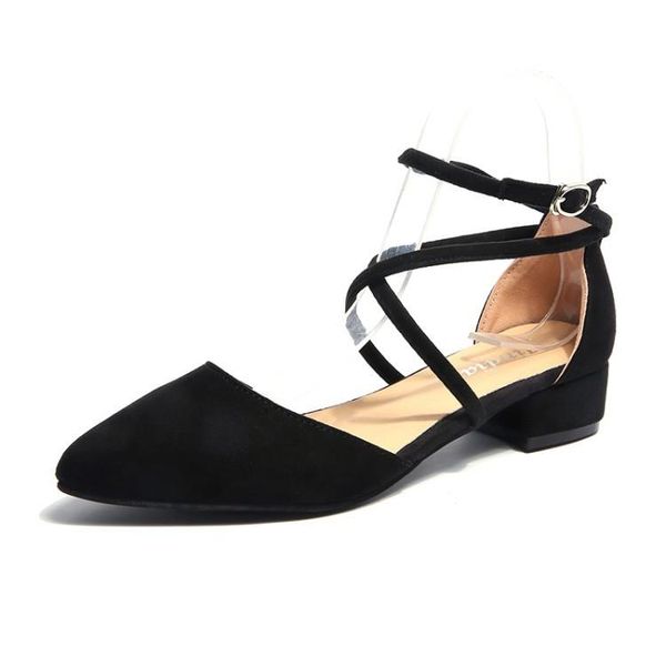 

2020 summer shallow mouth pointed toe low heel thick heel sandals cross strap buckle single shoes suede women, Black