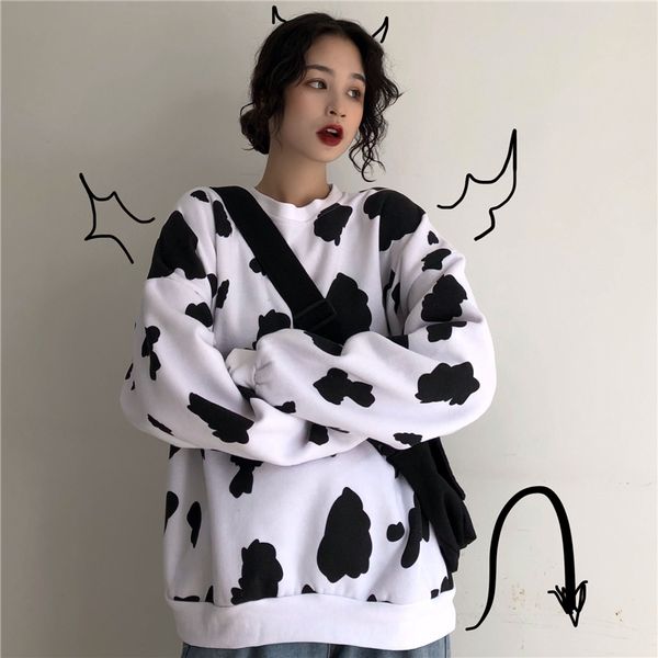 

women dairy cow black white graffiti print oversized sweatshirt jumper female streetwear casual loose pullovers t200723