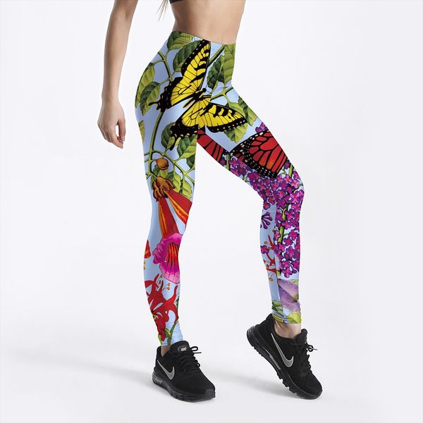 

sell womens spring butterfly flowers leggings digital print pants trousers stretch workout pants drop shipping, Black