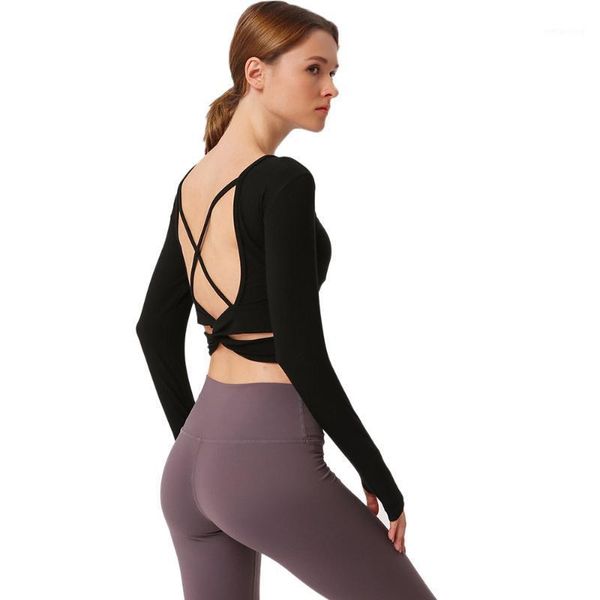 

yoga outfits women back straps crop long sleeve with thumb holes solid training fitness running sport t-shirts dance gym shirts1, White;red