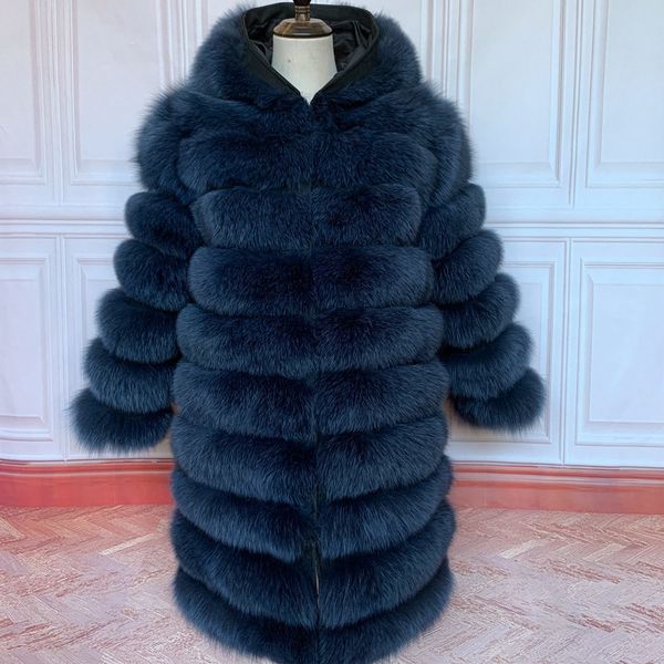 

90cm 2020 winter real fox fur women coats natural genuine female fox fur jacket ladies hooded fur coatx1019, Black