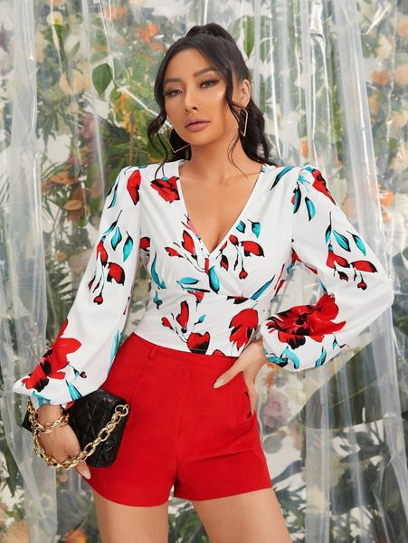 

floral print lantern sleeve blouse & shorts e4xg#, White