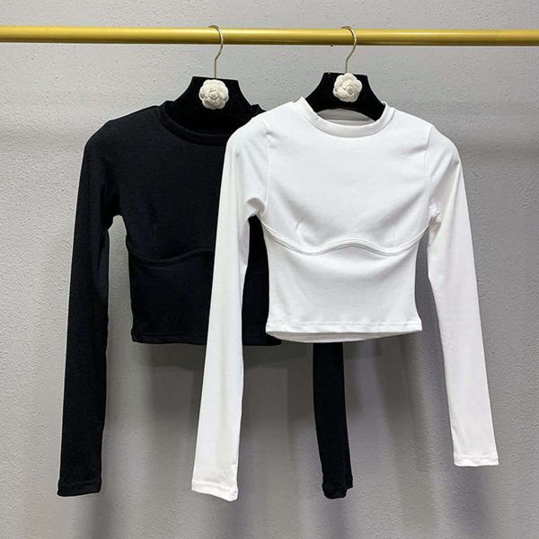 

women's 2020 clothing tight autumn thread waist long sleeve t-shirt short women, Black;gray