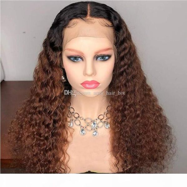 

glueless lace front human hair wig ombre t1b 30 kinky curly 150% density curly malaysian virgin hair pre plucked bleached knots, Black;brown