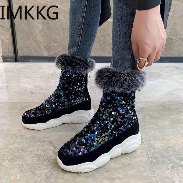 

size 45 winter fashion womens glitter boots fur warm plush sequins silver snow boots women zip soft platform ankle boot, Black