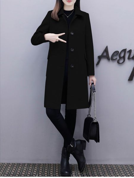 

2021 new womens double breated button lapel neck coats jacket outerwear fashion soft long wool blend peacoat bz26, Black