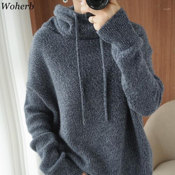 

woherb chic knitted hooded sweaters for women 2020 winter clothes loose casual turtleneck pullovers thicked warm coat 4g5091, White;black