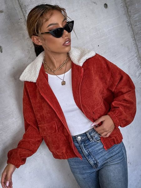 

borg collar drop shoulder flap pocket corduroy jacket z8af#, Black;brown