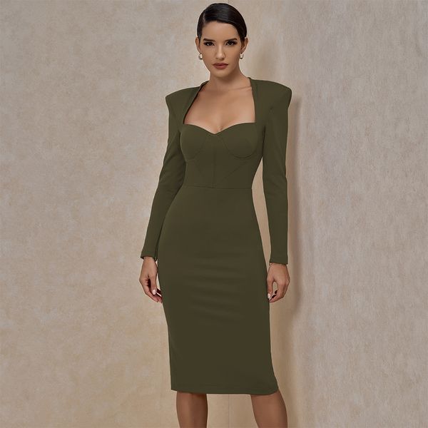 

ocstrade runway new fashion crepe sweetheart long sleeve bodycon dress autumn winter green midi bodycon dress club party 201125, Black;gray