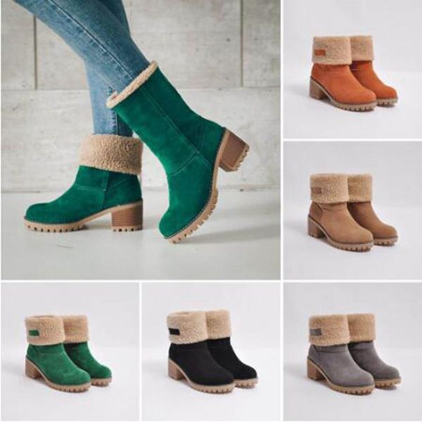 

2020 women winter snow warm boots 5cm high heels fur felt green boots block low heels plush ankle booties chunky shoes, Black
