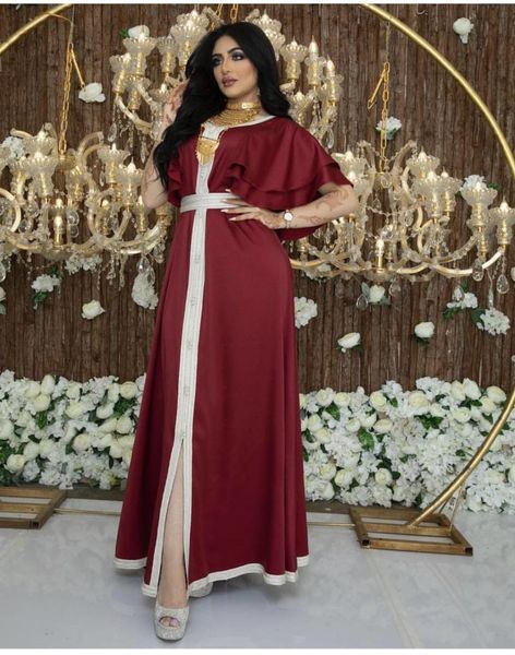

elegant ribbon muslim dubai arabic moroccan kaftan maroon ruffle short sleeve maxi dress 2020 jalabiya hijab dress for lady, Red