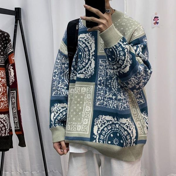 

men's sweaters 2021 autumn and winter youth loose cashew flower print sweater fashion casual round neck pullover navy blue/red, White;black