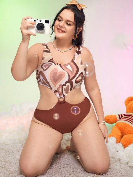 

plus heart pattern ring linked cut-out one piece swimsuit u2os#, Black