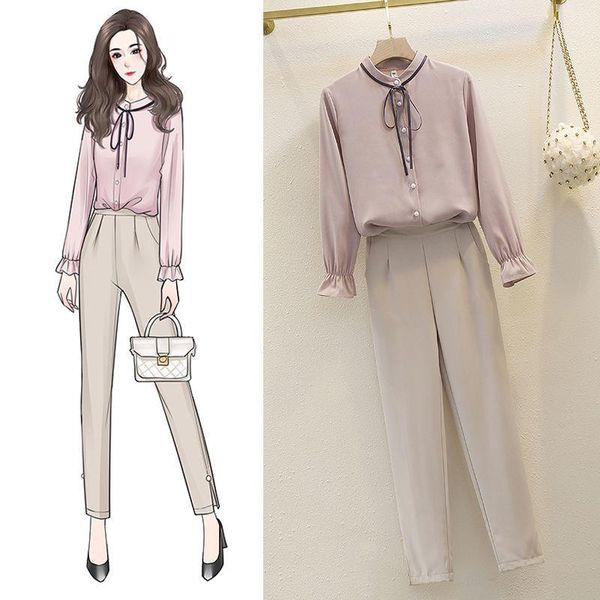 

2021 women autumn winter solid suits lady o-neck lace up shirt + straight pant sets female casual office loose 2 piece sets i106, Gray