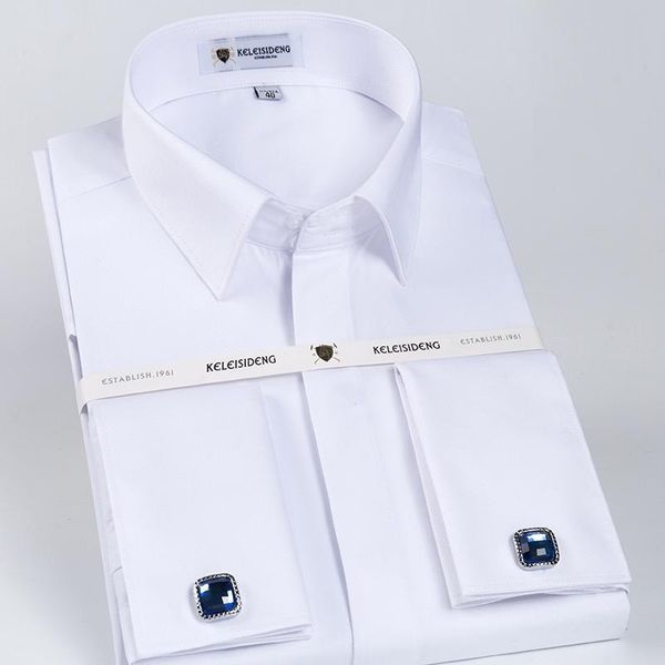 

men's covered buttons french cuff dress shirt pocket-less design classic full sleeve standard-fit banquet wedding white shirts, White;black