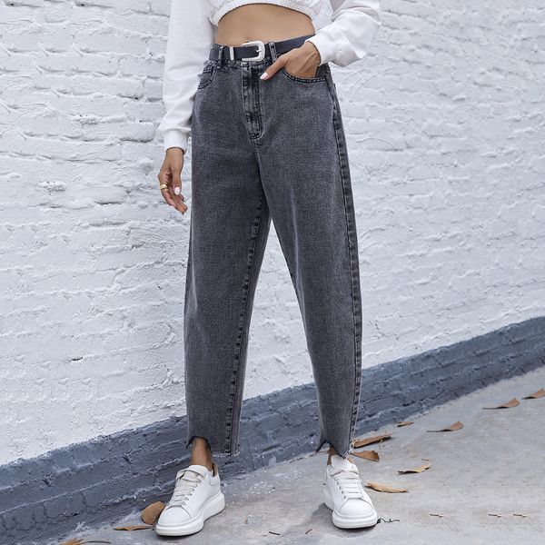 

fashion all-match denim harem pants high waist loose ankle-length trousers casual grey irregular women's jeans 2021 y1214, Blue