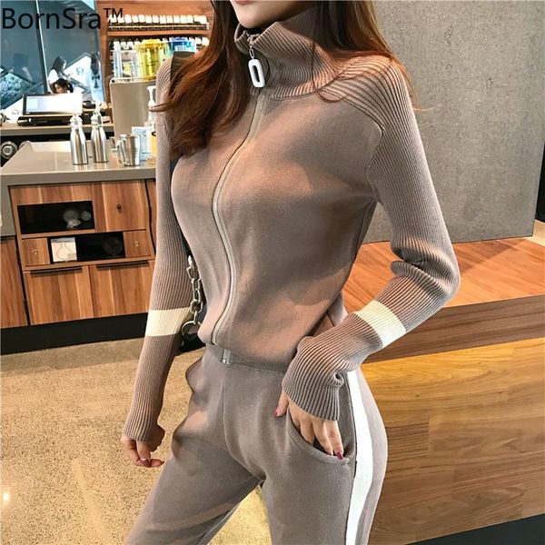 

women 's knitting tracksuits turtleneck zipper knit jacket coat and pocket pencil pants set sweater two piece sets for woman, Gray