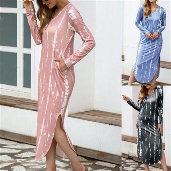 

female new casual high waist dress ladies tie-dye v neck dress fashion occident trend long sleeve loose slit long skirt designer, Black;gray