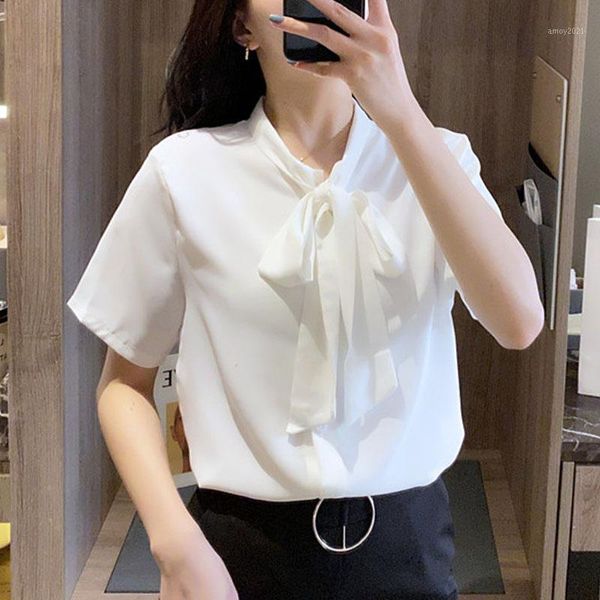 

women's blouses & shirts korean fashion clothing 2021 ladies chiffon blouse for women solid bow short vintage shirt blusas femininas 0, White