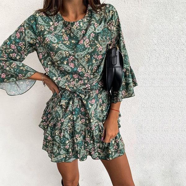 

women's autumn flare sleeve floral print dress 2020 casual cascading ruffle sashes mini dress boho femme a line party vestidos, Black;gray