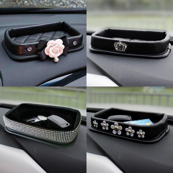 

creative camellia rhinestone pu leather car phone storage box instrument panel mobile phone keys coin basin armrest storage box