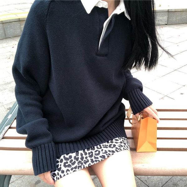 

women oversized long sleeve collared 1/4 button up sweater with the contrast white collar1, White;black