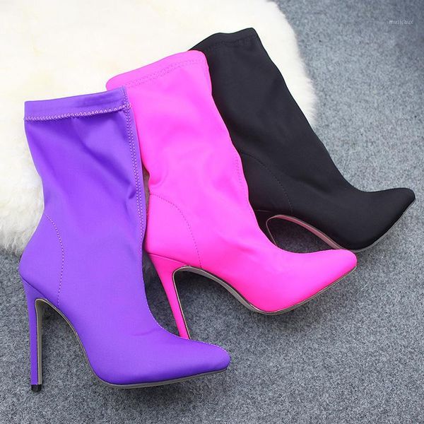 

2020 women boots mid calf 11cm high heels shoes woman sock boots plus big large size shoes dress ladies fashion for women1, Black