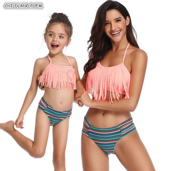 

mother and daughter swimsuit family look mommy and me clothes bikini tassel mom daughter swimwear family matching clothes y200713, Blue