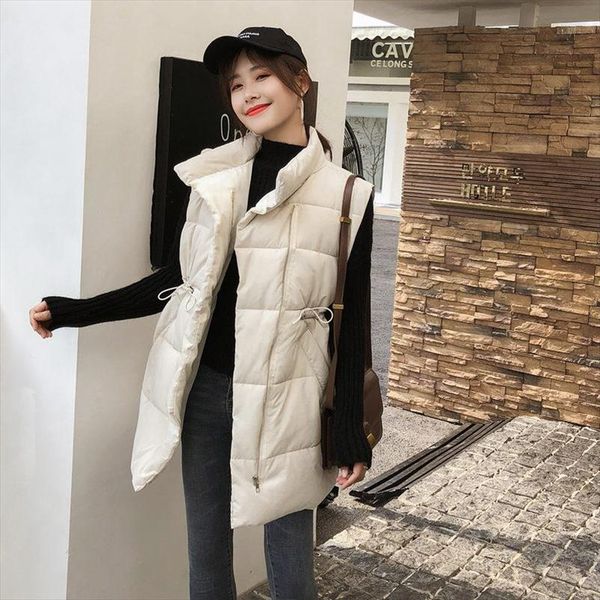 

womens winter 2021 new korean style slim fit drawstring down jacket cotton padded clothes waistcoat vest drop shipping good quality, Black;white