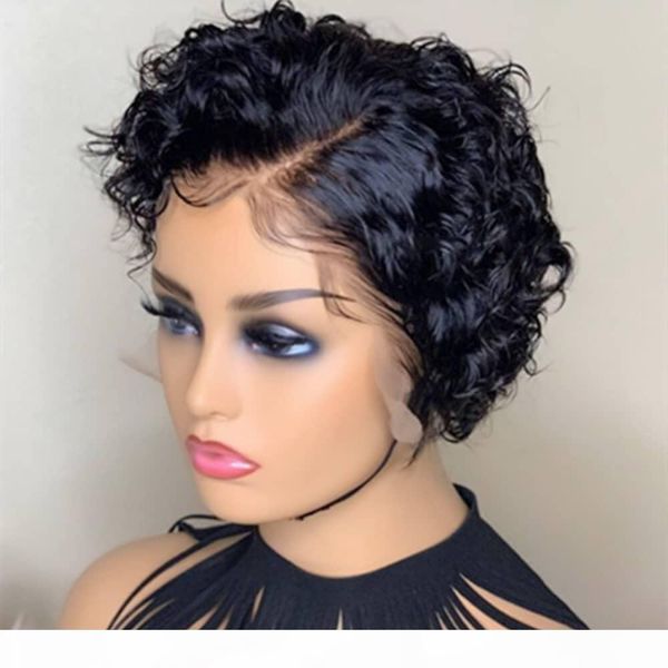

13x6 short curly bob side part lace front wigs pre plucked pixie cut human hair wigs for women brazilian remy hair lace wig, Black;brown