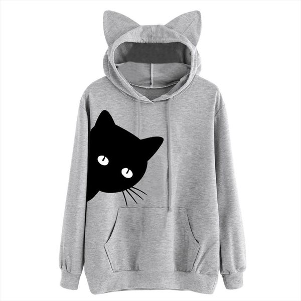 

kawaii cat print hoodies for women cats ears cute hooded long sleeve sweatshirt sprint autumn pullover plus size sudadera mujer, Black