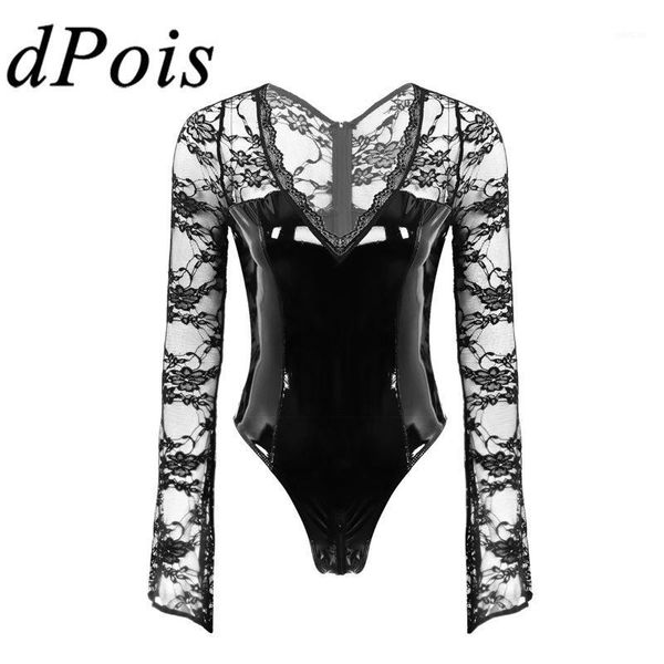 

women lace jumpsuit womens wetlook patent leather lace splice v-neck flare long sleeves teddy bodysuit one piece1, Black;white