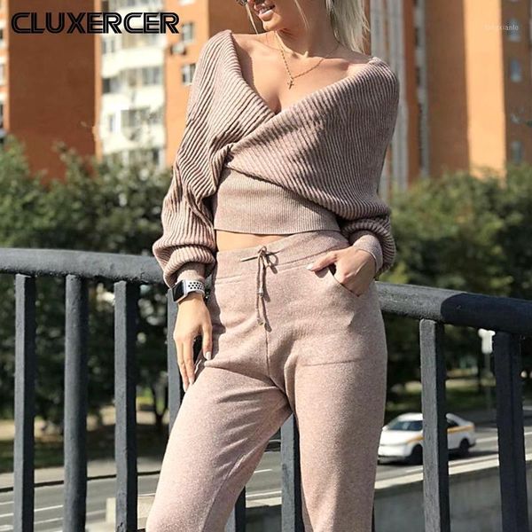 

v neck women knitted tracksuit suits two piece set female spring autumn elegant batwing sleeve outfit1, White