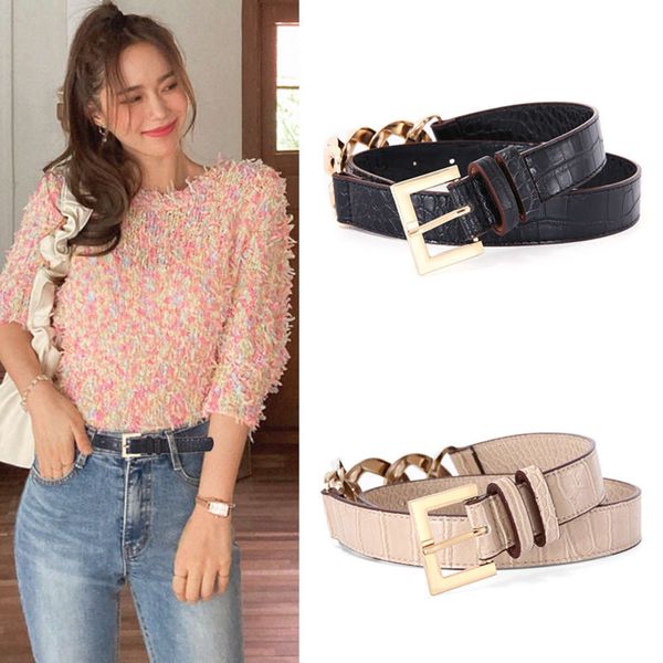 

women's wide decorative with dress, suit, sweater, small fragrance, versatile chain, waistband and belt, Black;brown