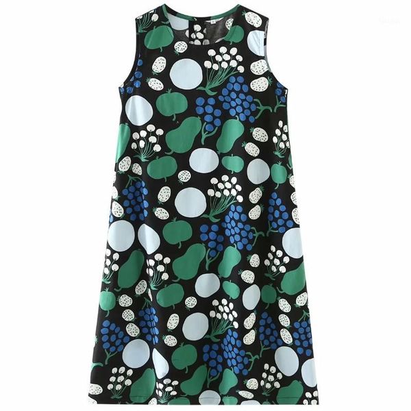 

new 2020 women fashion o neck sleeveless fruit printing casual loose dress female elegant vest vestido chic party dresses1, Black;gray