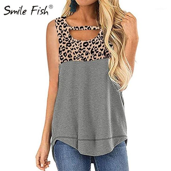 

sleeveless leopard patchwork t-shirts hollow out women loose casual summer basic new plus size o-neck t-shirts blusas m07431, White