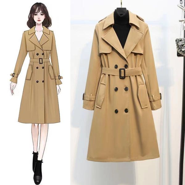 

spring autumn british style windbreaker women medium length korean version loose hong kong style coat sagging sensation coat, Tan;black