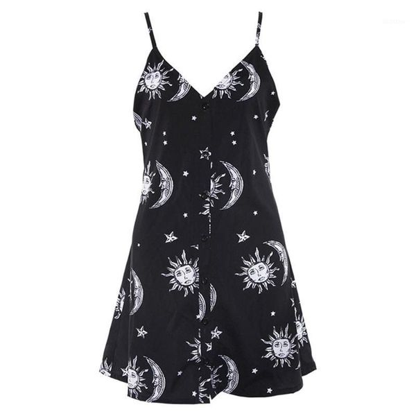 

summer women dresses fashion sleeveless v-neck sun moon printing mini dress elegant female a-line dress vestido1, Black;gray