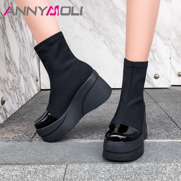 

boots annymoli winter ankle women genuine leather platform wedge high heel short fashion round toe shoes ladies size 34-391, Black