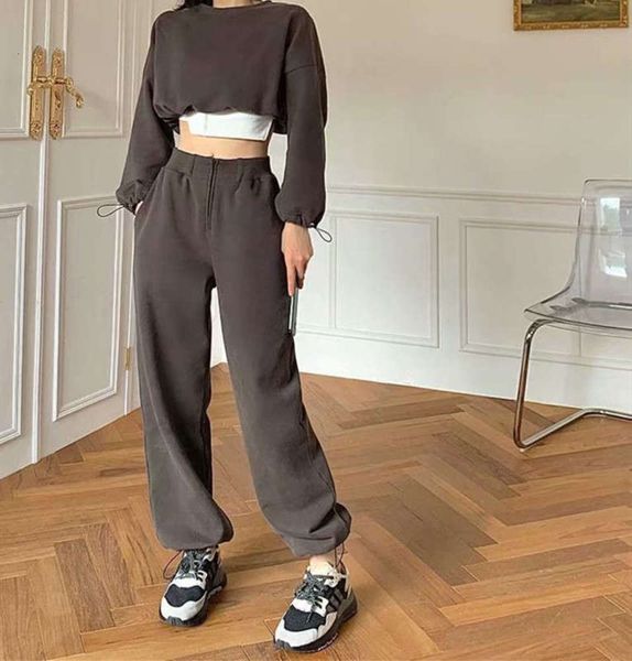 

drawstring sweater ins plush open navel + high waist zipper corset wide leg pants sportswear casual suit for women, Gray