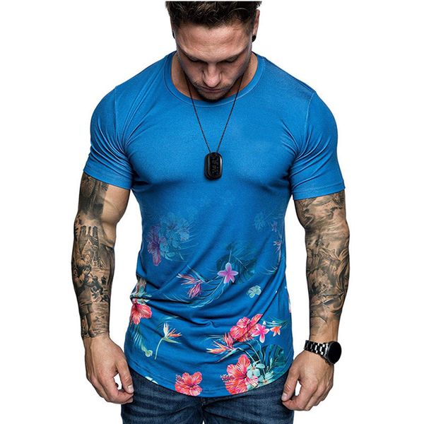 

summer floral blue men's round neck short-sleeved t-shirt, style european and american slim men's pullover trend, White;black