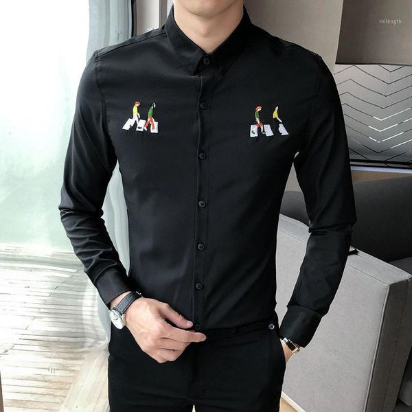 

shirt embroidered long-sleeved button up men shirt black white camisa social masculina dress men 2020 korean clothes1, White;black
