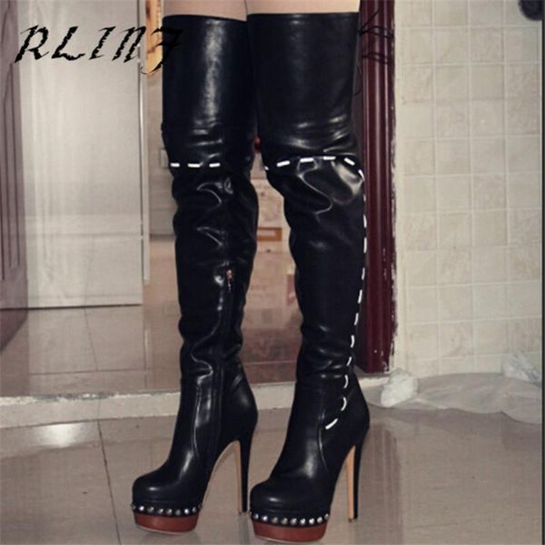 

rlinf long tube over the knee upper pu women's boots, Black