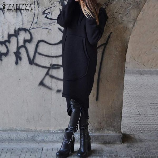 

sleeve midi 2020 sweatshirts long irregular dress women's zanzea hoodies vestidos hooded 5xl size casual female pullovers plus cliom, Black