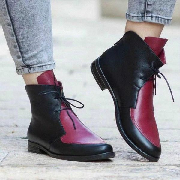 

autumn winter new women boots fashion retro pointed mixed colors lace-up flats shoes woman short boots woman plus size 35-43 #hu0f