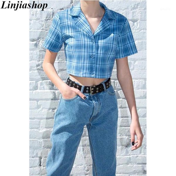 

women crop blouse shirt vintage holiday beach 2020 summer short sleeve buttons cute plaid blouse1, White