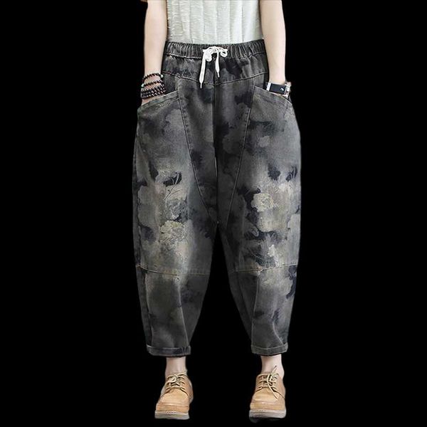 

women's jeans idopy fashion streetwear ladies vintage drawstring trousers womens floral elastic loose harem pants, Blue