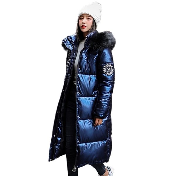

plus size women x-long jacket ladies parkas solid casual coat hooded fur collar shining winter thick outwear kobieta kurtka 201027, Black
